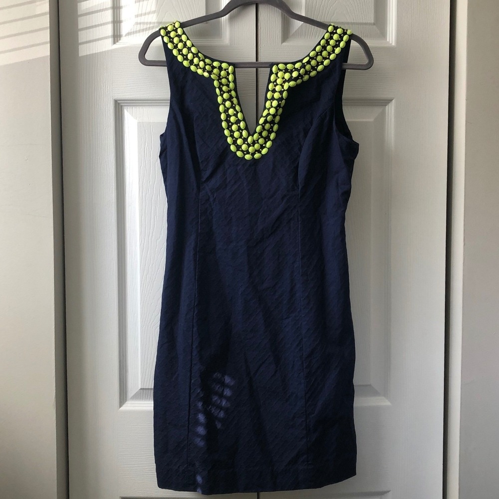 Lilly Pulitzer Dress Blaire Jacquard Navy Blue Shift Neon Yellow Beading Size 4